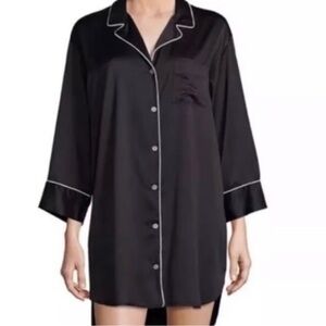 Natori Black Satin Nightshirt Pajama Dress Button Down Nightgown  Sleep Shirt L
